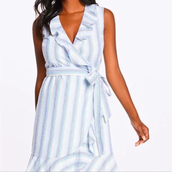 NWT Draper James Seersucker Ruffle Wrap Dress, Size 2, Multi Color Summer Stripe - Picture 4 of 5